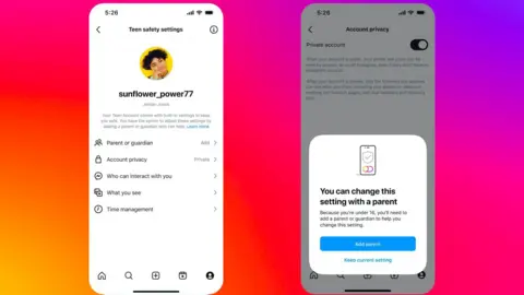 Instagram Infographic showing how some teens will be prompted to add a parent if they try to change default settings on teen accounts