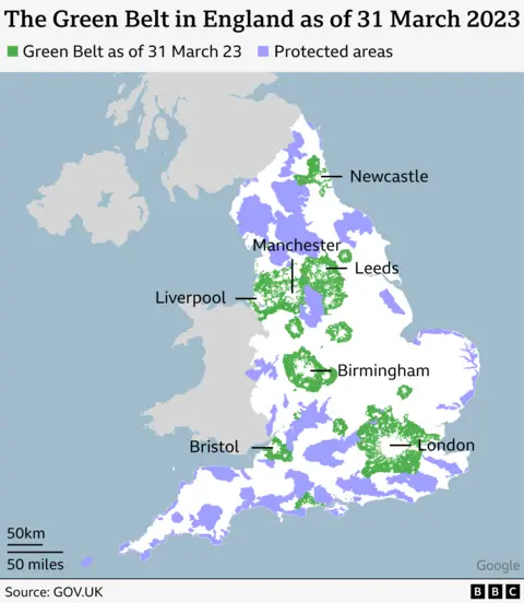 A map of green belt areas across England. It shows green belt areas in green and protected land in purple. The UK's biggest cities are pinpointed. This includes London, Bristol, Birmingham, Leeds, Manchester, Liverpool and Newcastle. 