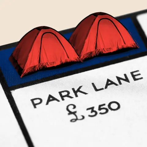 BBC Montage image showing two tents sitting on Park Lane on a Monopoly board