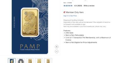 A screenshot from Costco's online store showing its gold bar offering.