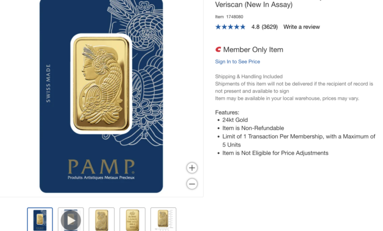 A screenshot from Costco's online store showing its gold bar offering.