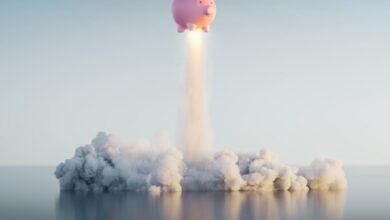 A piggy bank soaring into orbit