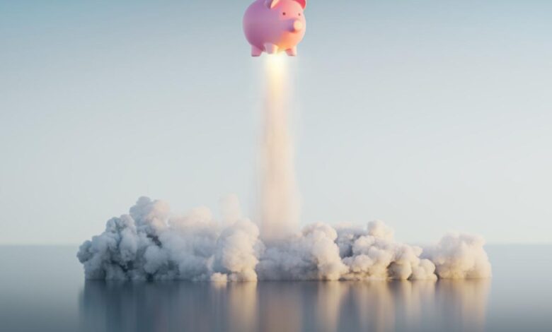 A piggy bank soaring into orbit