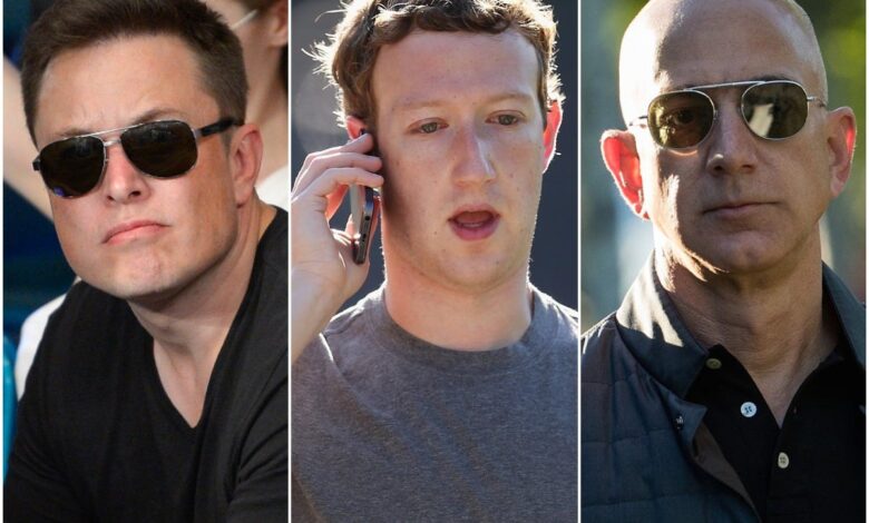 A composite image of Elon Musk, Mark Zuckerberg, and Jeff Bezos.