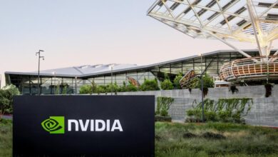 Nvidia's headquarters with a black Nvidia sign in the foreground.