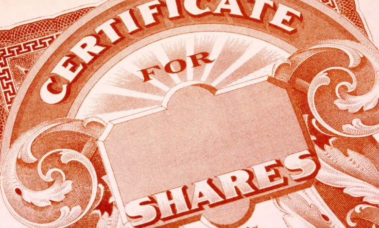 A blank paper stock certificate for shares of a publicly traded company.