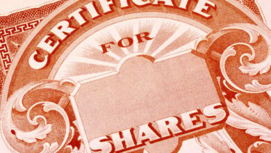 A blank paper stock certificate for shares of a publicly traded company.