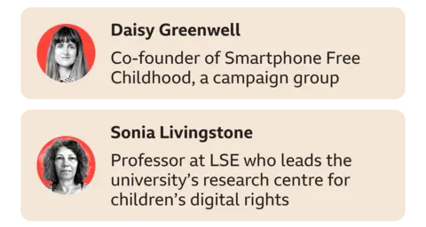 A graphic that introduces the two participants. Daisy Greenwell, Co-founder of Smartphone Free Childhood, a campaign group and Sonia Livingstone, Professor at LSE who leads the university's research centre for children's digital rights. 