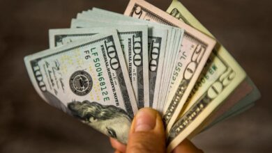 A person holding a fanned and folded assortment of cash bills in their hands.