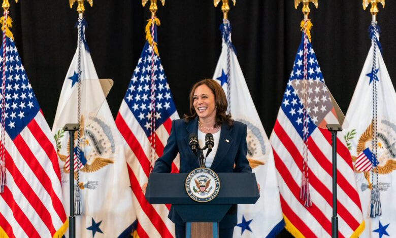 Vice President Kamala Harris standing at a podium in front of flags.