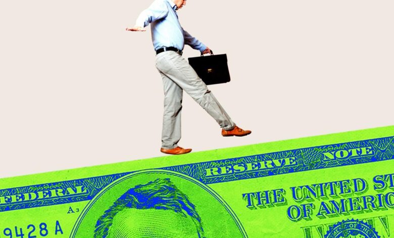 Photo collage of a man with a briefcase walking carefully on a $5 bill as if balancing on a tightrope