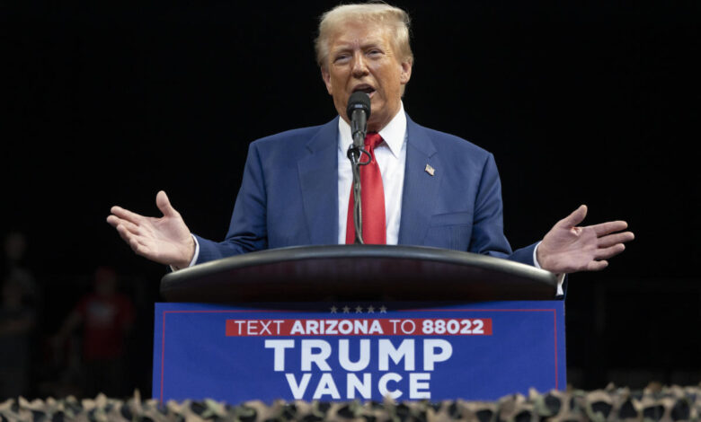 Donald Trump speaks during a campaign rally at Findlay Toyota Center on October 13, 2024 in Prescott Valley, Arizona. (Photo by Rebecca Noble/Getty Images)