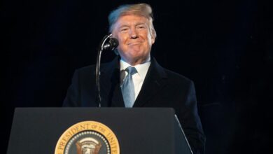 Former President Donald Trump delivering remarks.