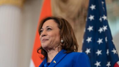 Vice President Kamala Harris standing in front of an American flag.