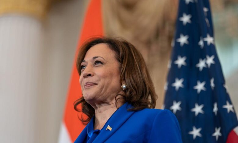 Vice President Kamala Harris standing in front of an American flag.