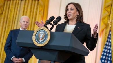 Vice President Kamala Harris delivering remarks in the East Room of the White House.