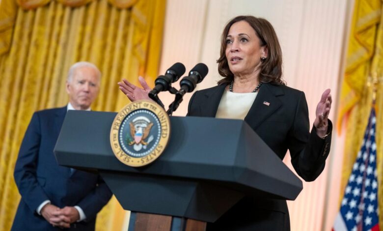 Vice President Kamala Harris delivering remarks in the East Room of the White House.