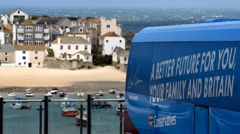 Getty Images The Conservative election battle bus pictured in St Ives, Cornwall in 2015. It is blue and has the words 