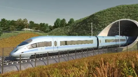 HS2 Ltd A silver-coloured train coming out of a tunnel with grass growing over the top. There are grasses and a fence in the foreground.