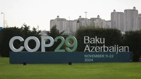 Reuters A COP29 sign on a patch of grass with a backdrop of the cityscape in Baku, Azerbaijan showing several tower blocks. 