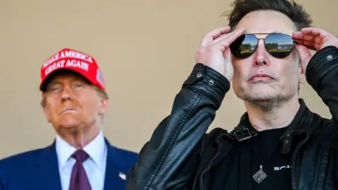 Getty Images Mr Trump stands beside Mr Musk. Trump is wearing a red Make America Great Again cap and a sharp blue suit. Musk is wearing a leather jacket and aviator sunglasses.