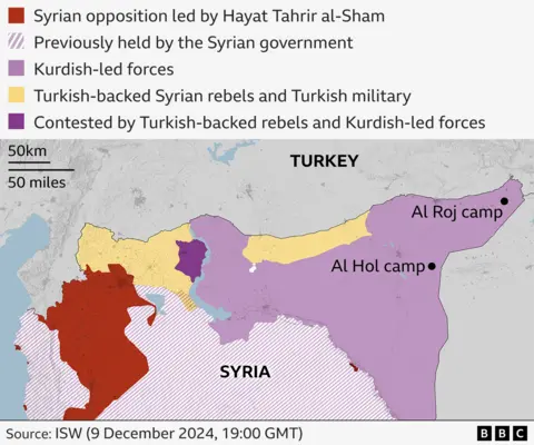 Map showing areas controlled by different factions in Syria, as well as the locations of Al Roj and Al Hol camps.