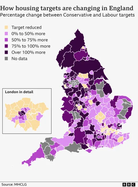 Map showing how targets are changing for different councils in England, compared to under the Conservatives.