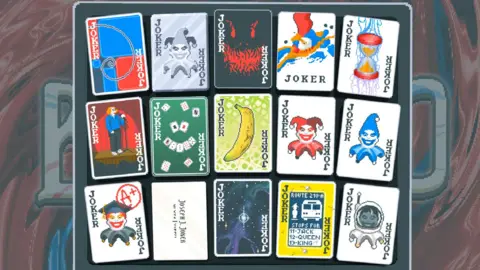 LocalThunk Screenshot shows a collection of 15 joker cards arranged into three rows. Each one has a different design and the word JOKER printed vertically in opposite corners.