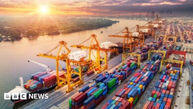 Logistics and transportation of Container Cargo ship and Cargo plane with working crane bridge in shipyard at sunrise