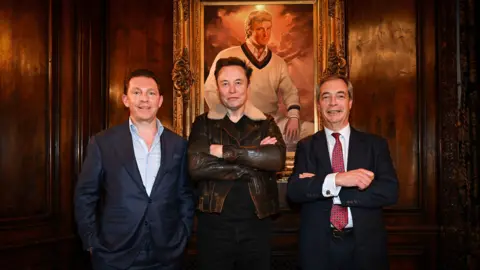 Reform UK/PA Nick Candy, Elon musk and Nigel Farage pose for a photo