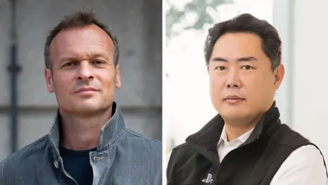 Sony On the left, Hermen Hulst wears a denim jacket and smirks at the camera. On the right, Hideaki Nishino wears a PlayStation-branded gilet and looks serious. 