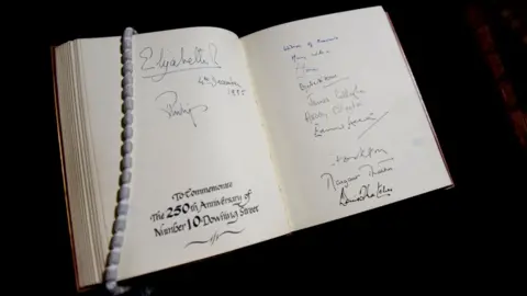 Visitor signatures on the 250th Anniversary of Number 10 Downing Street include Queen Elizabeth II, Prince Phillip and six prime ministers,  04.12.1985.