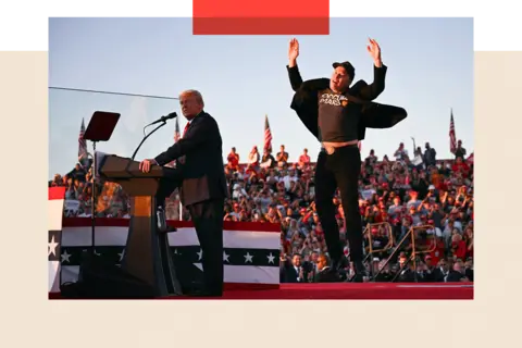 Getty Images Elon Musk jumps in the air as Donald Trump gives a speech during his rally