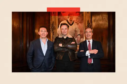 Getty Images Nick Candy, Elon Musk and Nigel stand in front of a portrait painting of Donald Trump