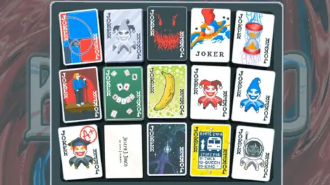 Localthunk Joker cards decorated with unusual designs are laid out in three rows of five. The art style is somewhat pixellated, creating the impression of a retro game. 