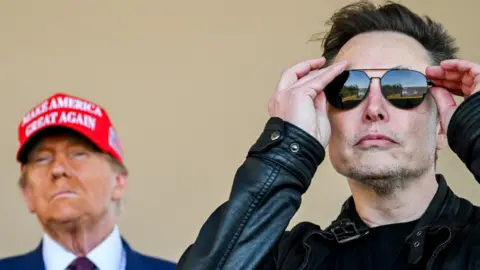 Reuters Donald Trump wears a MAGA hat behind Elon Musk, donning sunglasses and wearing a black leather jacket