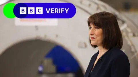 Getty Images Rachel Reeves speaks at a news conference. She is wearing a dark jacket and is standing side on to the camera. In the background, a large machine can be seen. 