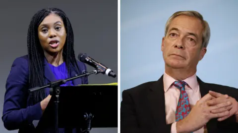 EPA Composite image of Tory leader Kemi Badenoch (left) at a microphone and Reform UK leader Nigel Farage seated