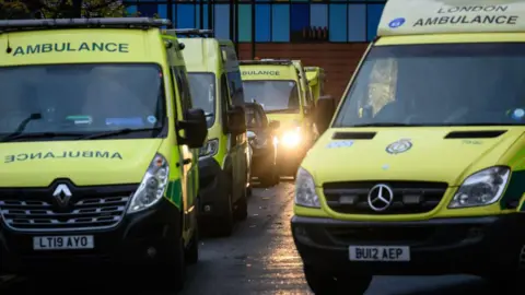 Getty Images Ambulances queuing.