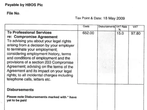 Part of a lawyer's letter which shows an invoice for legal advice - the costs are listed as £652 with 15% VAT payable at £97.80