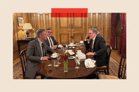 US Gov Keir Starmer speaking on the phone to President Donald Trump during a dinner with US Envoy to the UK, Mark Burnett