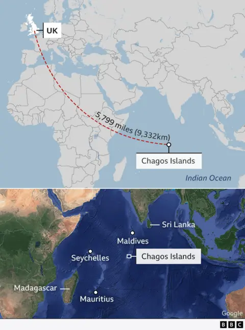 An infographic map showing where the Chagos Islands are on a world map and their proximity to the UK