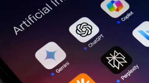 Getty Images A phone screen with the app icons ChatGPT, Copilot, Gemini and Perplexity displayed