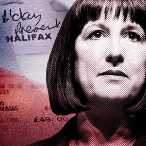 BBC Image of Rachel Reeves with a copy of receipts in the background