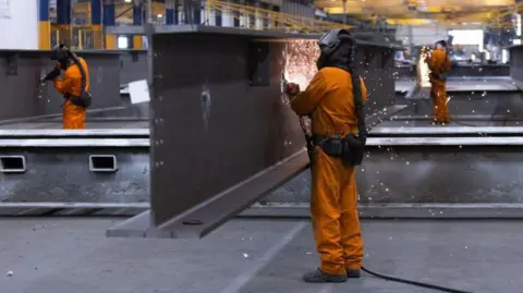 Getty Images A worker dressed in orange overalls with a protective mask covering his face grinds smooth a section of fabricated steel beam at Severfield Plc steel fabricators in Dalton, near Thirsk. There are two workers in similar clothing in the background of the image.