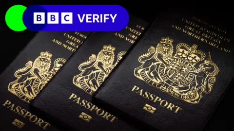 Getty Images Three blue British passports. The BBC Verify logo is in the top left hand corner.