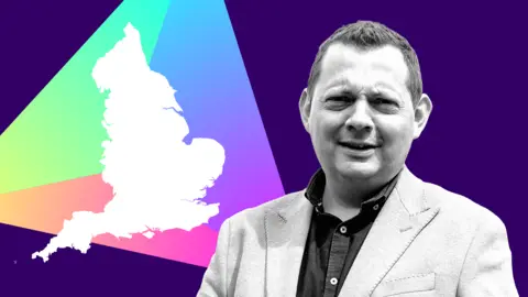 BBC A black and white cut-out of Matt Chorley against a purple background with a graphic showing a map of England laid over a multi-coloured prism