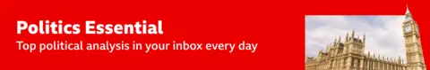 Thin, red banner promoting the Politics Essential newsletter with text saying,