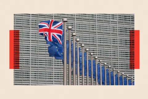 European Photopress Agency A Union Jack flag flutters next to European Union flags