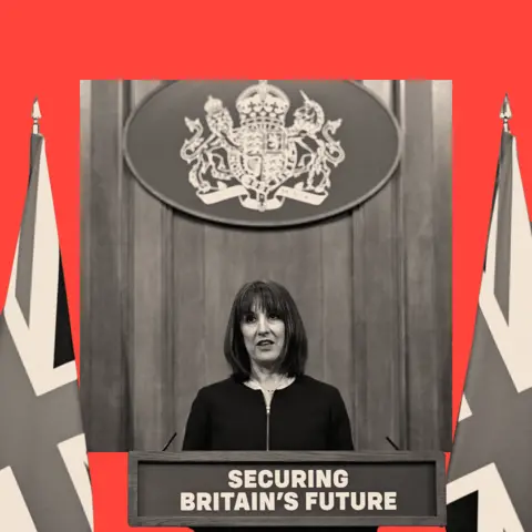 BBC A treated image of Rachel Reeves standing on a podium that reads: